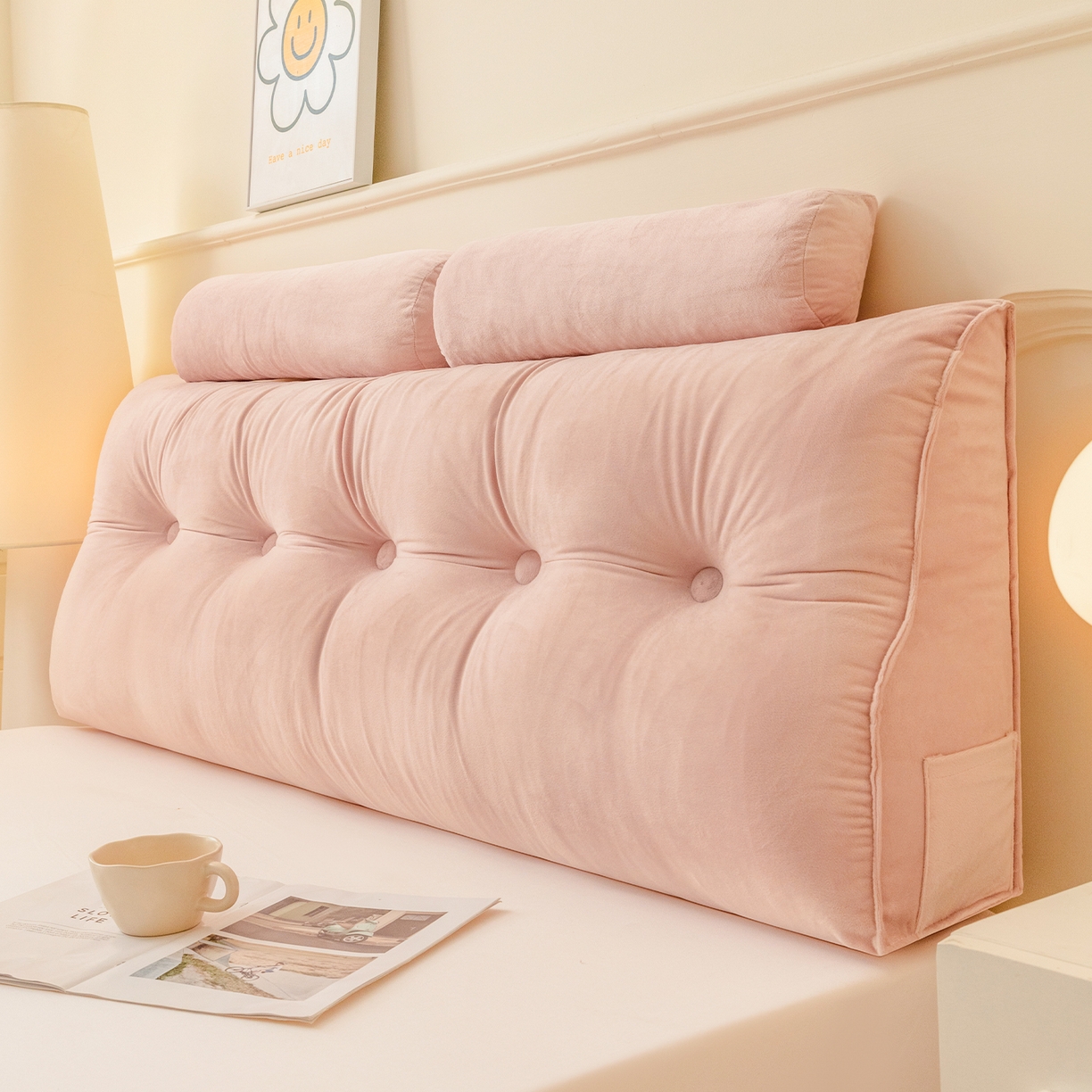 91家纺网 家纺一手货源 找家纺 碧尔家居 2025新款荷兰绒弯型三角+头枕床头靠背 樱花粉