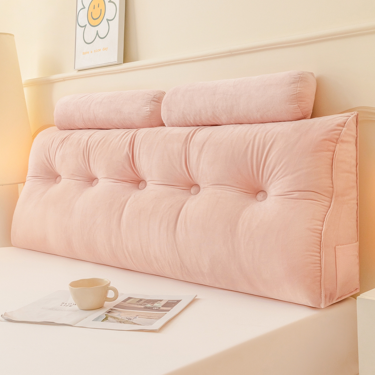 91家纺网 家纺一手货源 找家纺 碧尔家居 2025新款荷兰绒弯型三角+头枕床头靠背 樱花粉