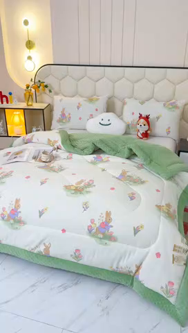 91家纺网 家纺一手货源 找家纺 蔻之羽 （全年现货）2026年新款豆豆被春秋被夏被加厚冬被空调被四季绒被子 欢乐兔-绿