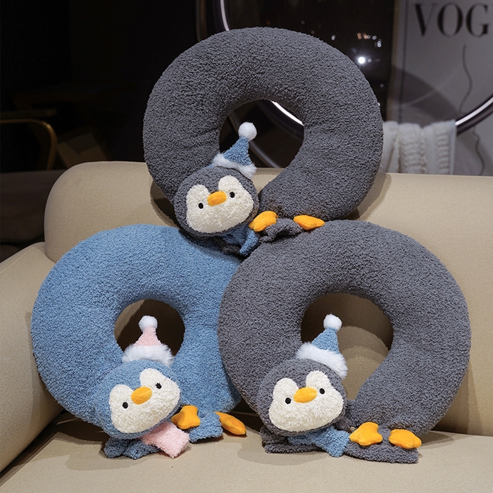 91家纺网 家纺一手货源 找家纺 仟亿莱 2025新款ins企鹅u型颈枕热水袋 U型蓝色企鹅 35*33cm/个