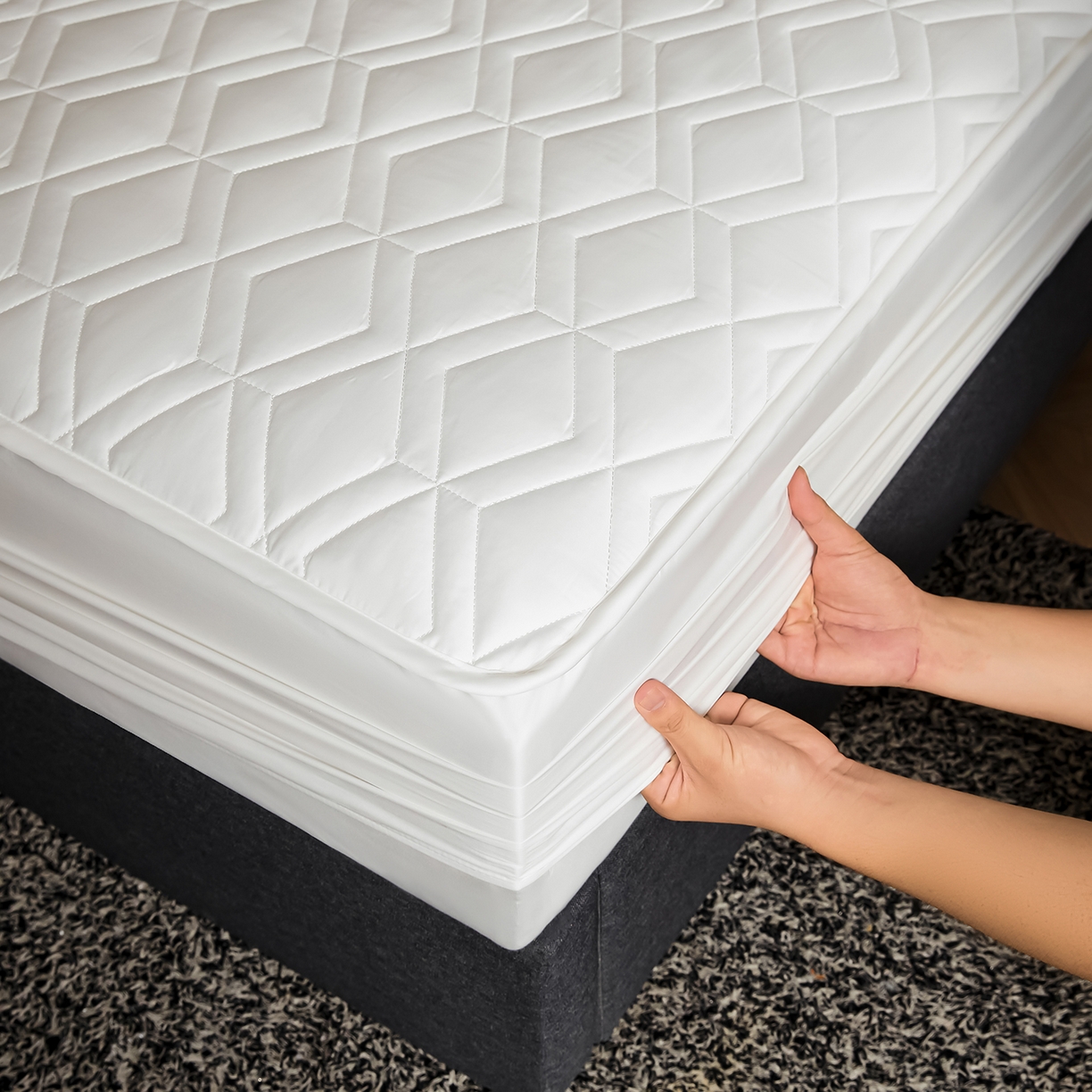 91家纺网 家纺一手货源 找家纺 卡诗兰 2026新款60s全棉长绒棉纯色夹棉抗菌绗缝床笠系列单床笠床笠三件套 棉花白