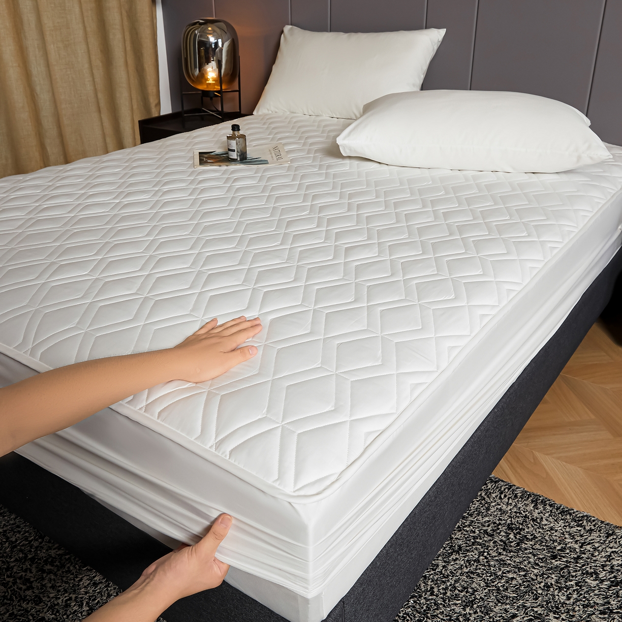 91家纺网 家纺一手货源 找家纺 卡诗兰 2026新款60s全棉长绒棉纯色夹棉抗菌绗缝床笠系列单床笠床笠三件套 棉花白