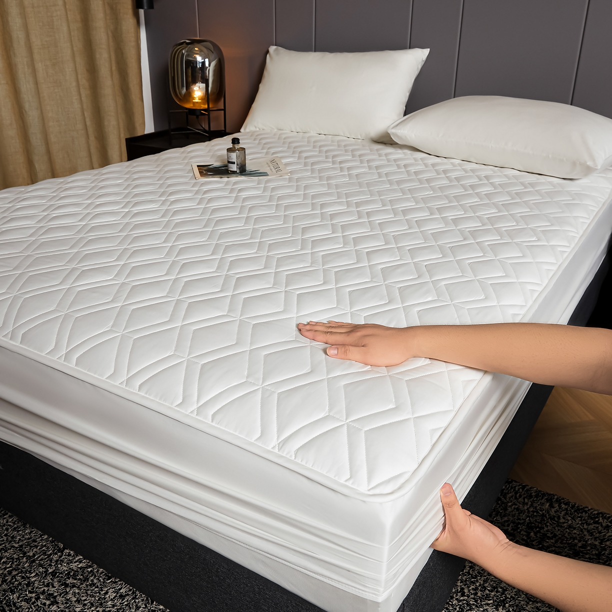 卡诗兰 2026新款60s全棉长绒棉纯色夹棉抗菌绗缝床笠系列单床笠床笠三件套 棉花白