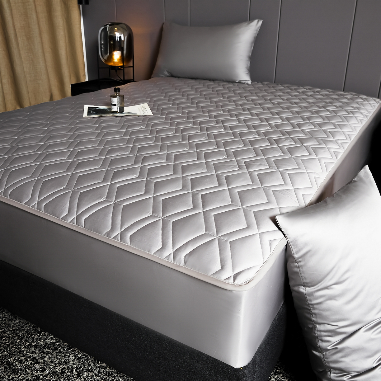 91家纺网 家纺一手货源 找家纺 卡诗兰 2026新款60s全棉长绒棉纯色夹棉抗菌绗缝床笠系列单床笠床笠三件套 雅士灰