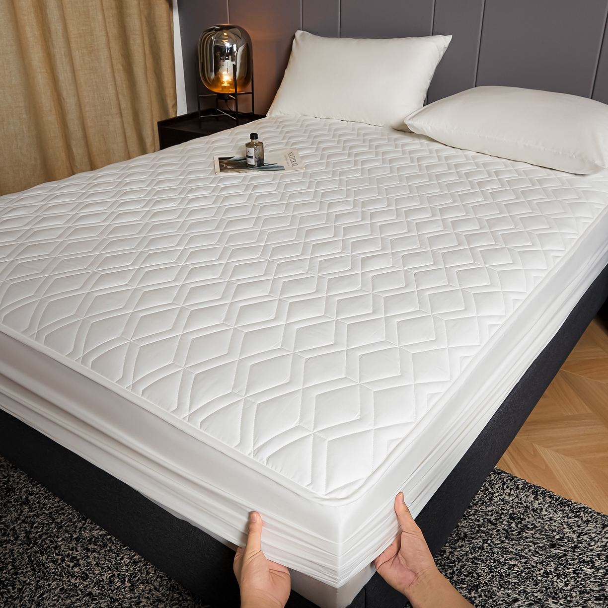 91家纺网 家纺一手货源 找家纺 卡诗兰 2026新款60s全棉长绒棉纯色夹棉抗菌绗缝床笠系列单床笠床笠三件套 棉花白