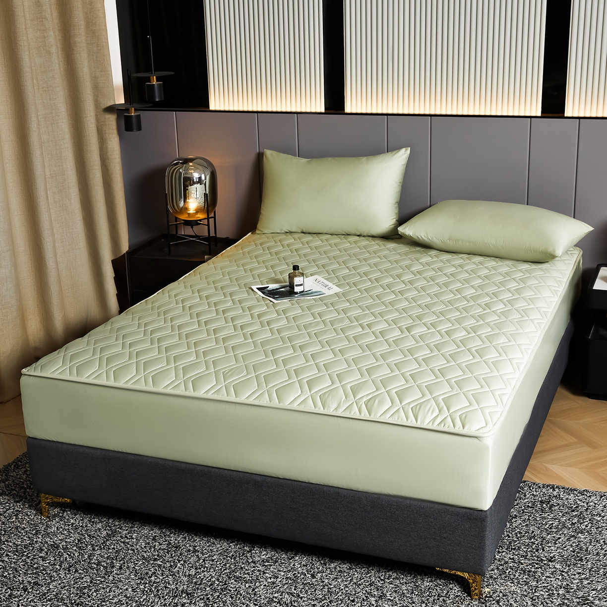 91家纺网 家纺一手货源 找家纺 卡诗兰 2026新款60s全棉长绒棉纯色夹棉抗菌绗缝床笠系列单床笠床笠三件套 柳染绿