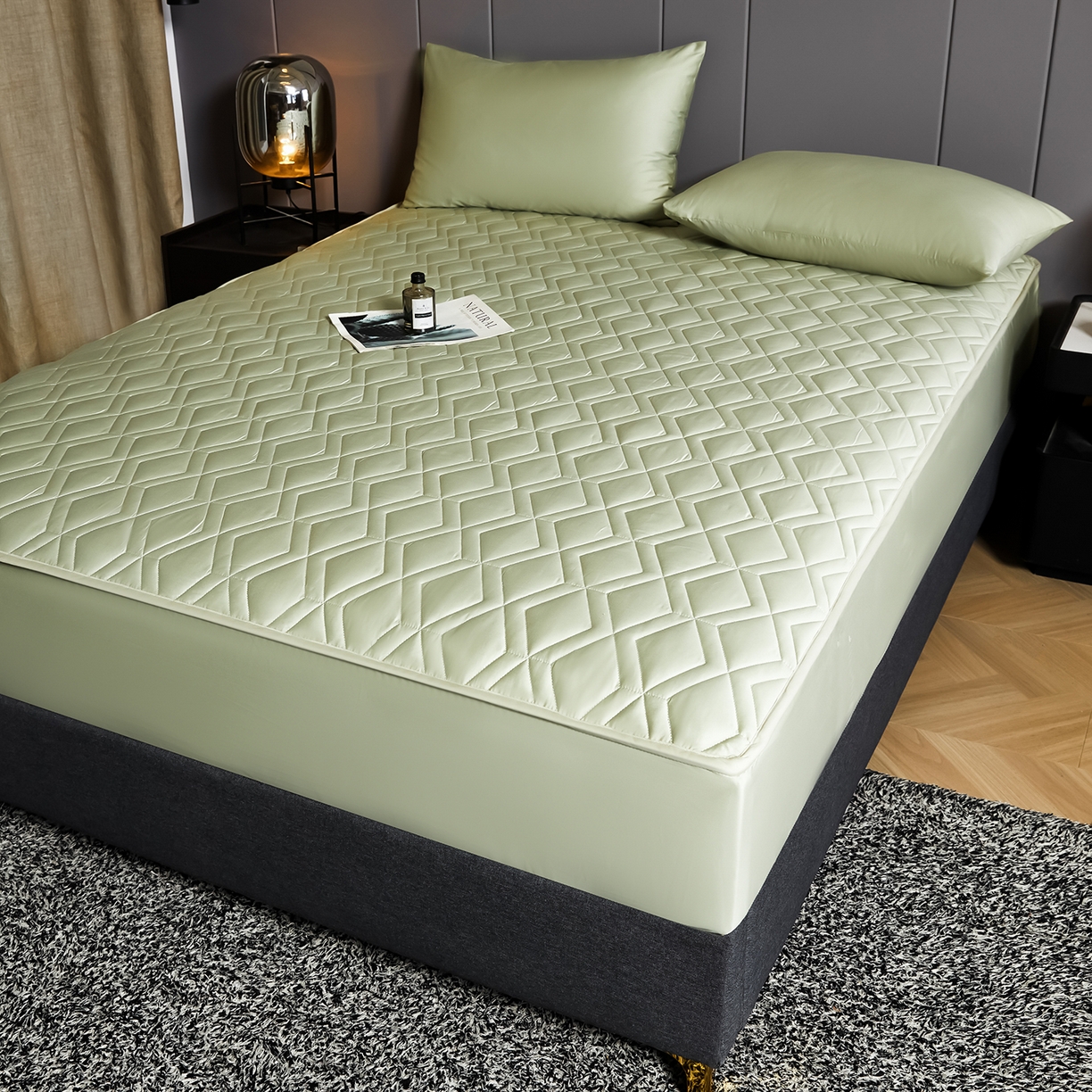 91家纺网 家纺一手货源 找家纺 卡诗兰 2026新款60s全棉长绒棉纯色夹棉抗菌绗缝床笠系列单床笠床笠三件套 柳染绿