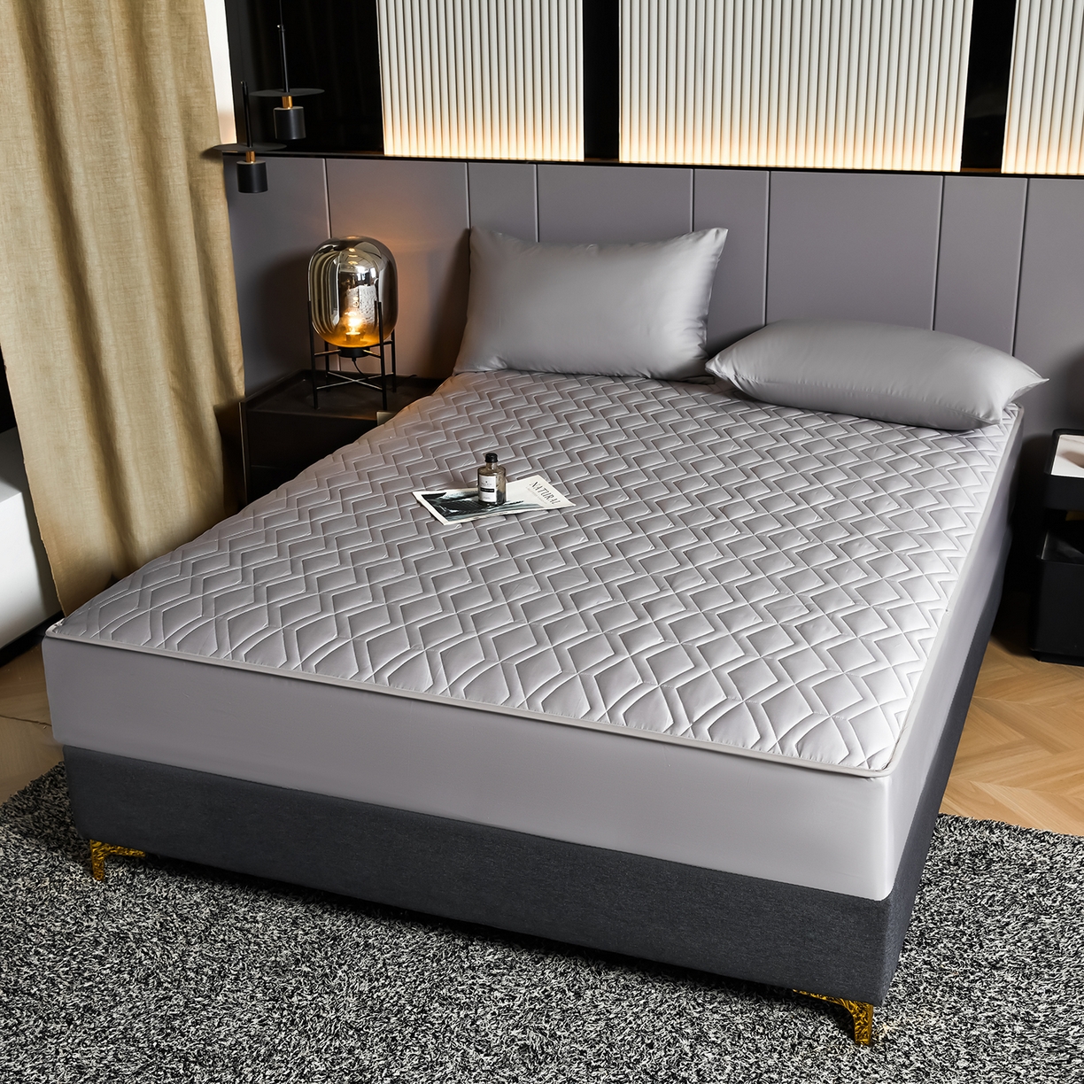 91家纺网 家纺一手货源 找家纺 卡诗兰 2026新款60s全棉长绒棉纯色夹棉抗菌绗缝床笠系列单床笠床笠三件套 雅士灰