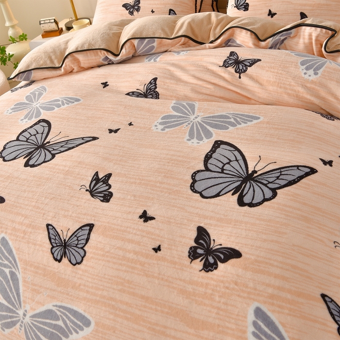 91家纺网 家纺一手货源 找家纺 佳一 2025新款高克重8-9斤印花牛奶绒四件套 梦蝶-咖