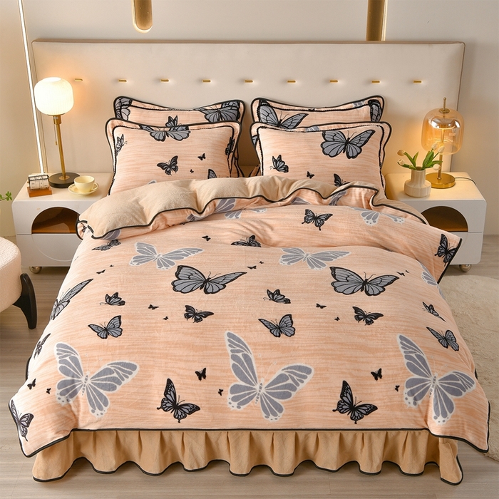 91家纺网 家纺一手货源 找家纺 佳一 2025新款高克重8-9斤印花牛奶绒四件套 梦蝶-咖