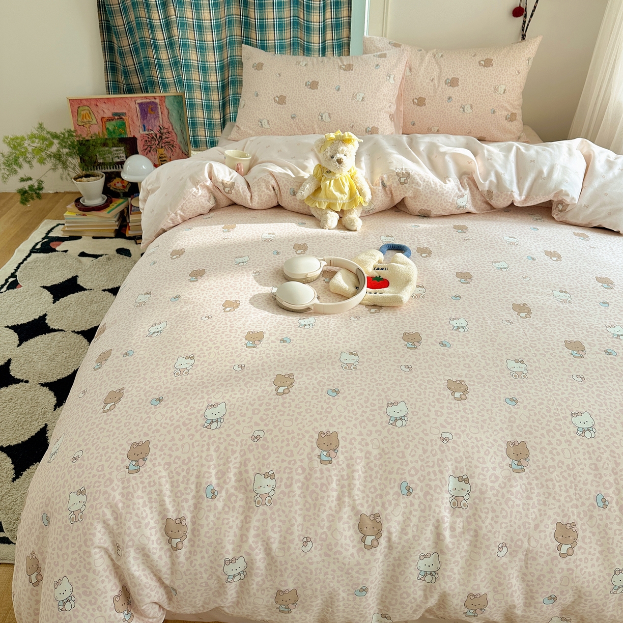 91家纺网 家纺一手货源 找家纺 瑞莱 2026春季新款全棉纯棉印花小清新萌趣系列四件套 KT猫