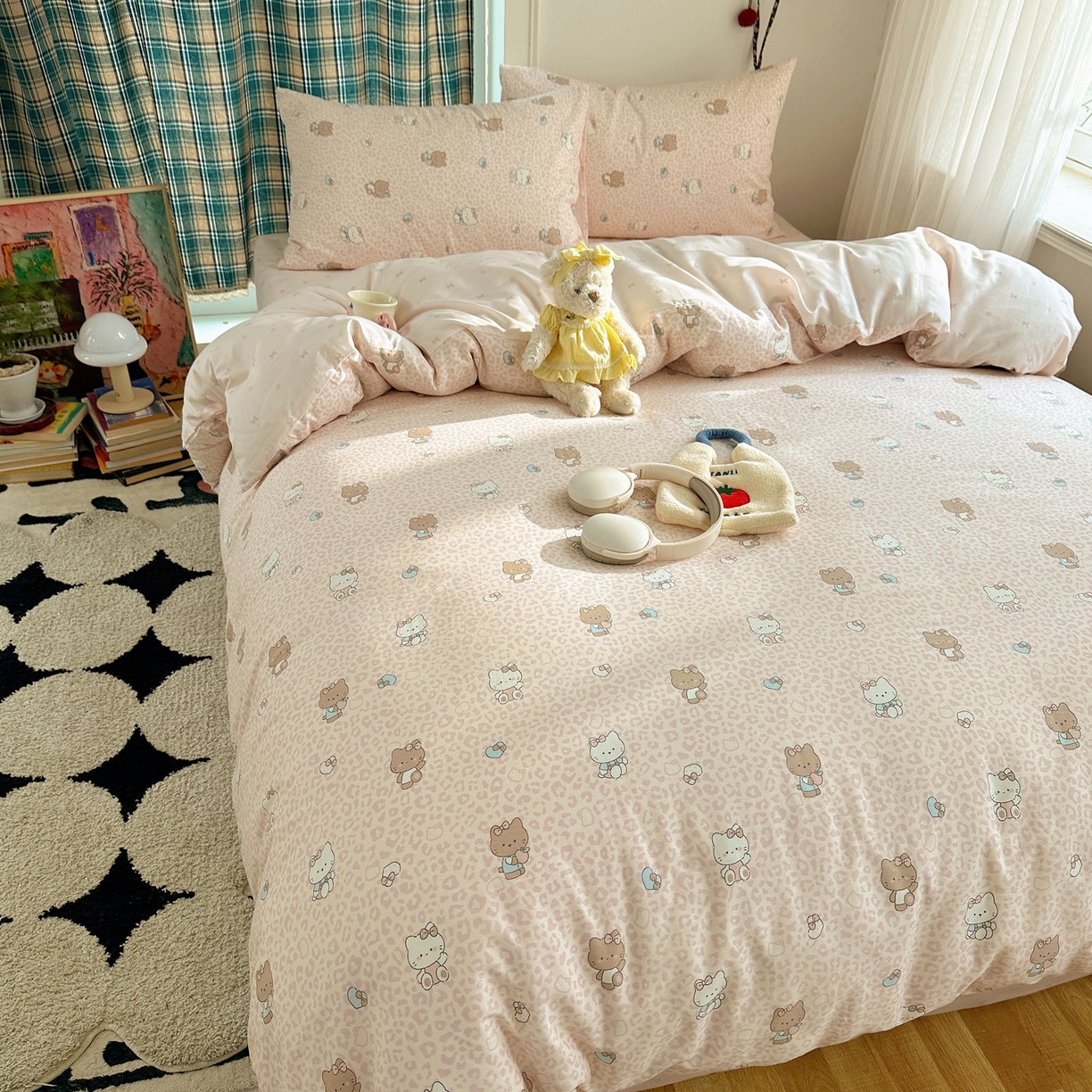 91家纺网 家纺一手货源 找家纺 瑞莱 2026春季新款全棉纯棉印花小清新萌趣系列四件套 KT猫