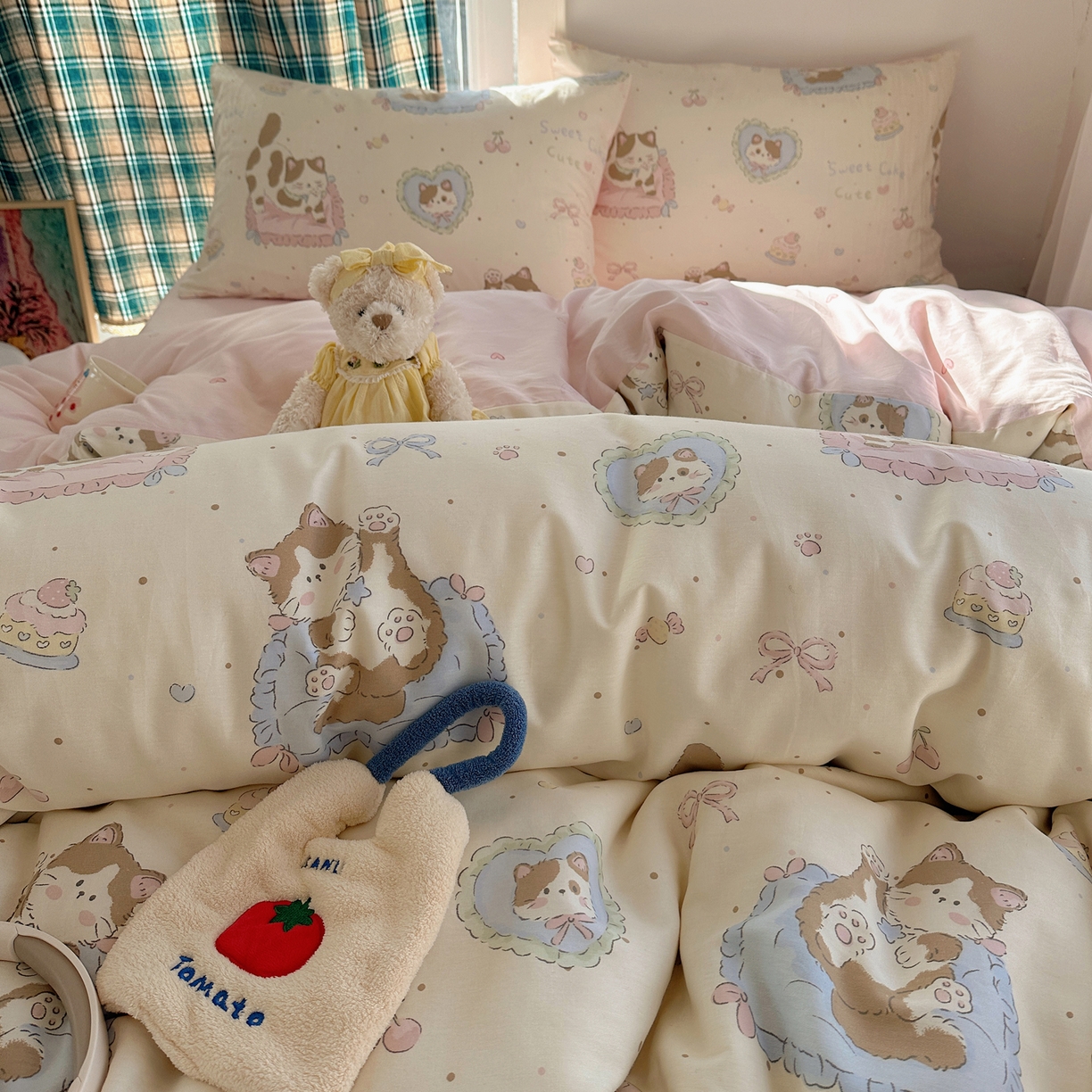 91家纺网 家纺一手货源 找家纺 瑞莱 2026春季新款全棉纯棉印花小清新萌趣系列四件套 可爱猫咪