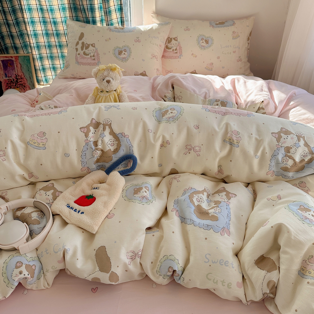 91家纺网 家纺一手货源 找家纺 瑞莱 2026春季新款全棉纯棉印花小清新萌趣系列四件套 可爱猫咪