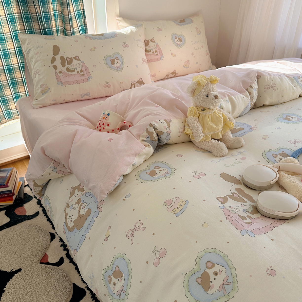 91家纺网 家纺一手货源 找家纺 瑞莱 2026春季新款全棉纯棉印花小清新萌趣系列四件套 可爱猫咪