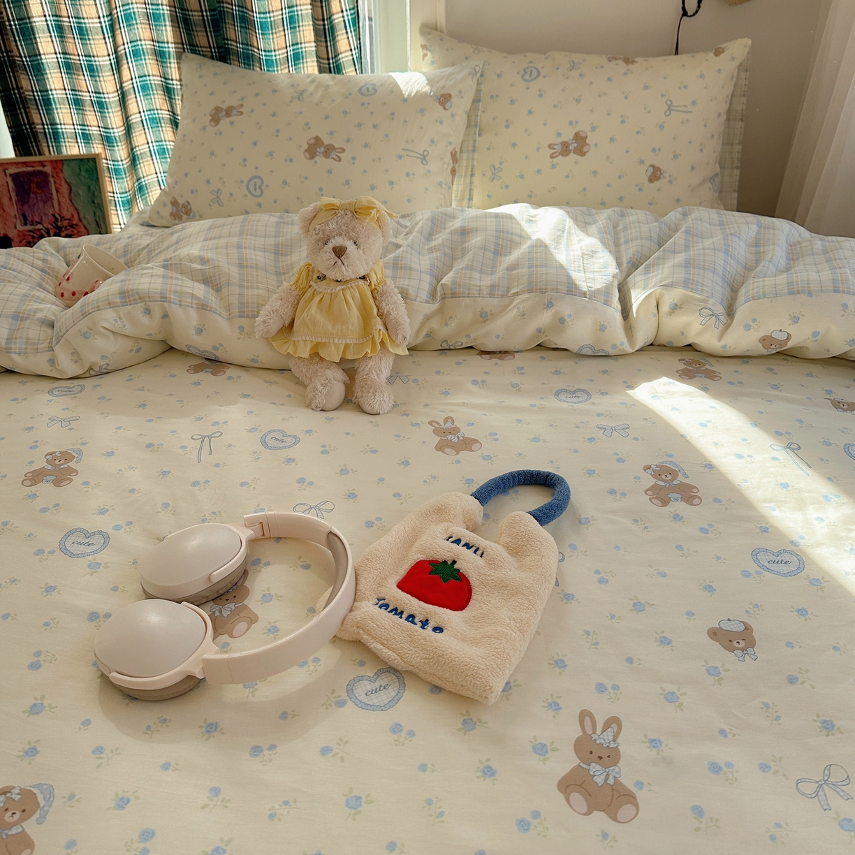 91家纺网 家纺一手货源 找家纺 瑞莱 2026春季新款全棉纯棉印花小清新萌趣系列四件套 蓝花兔