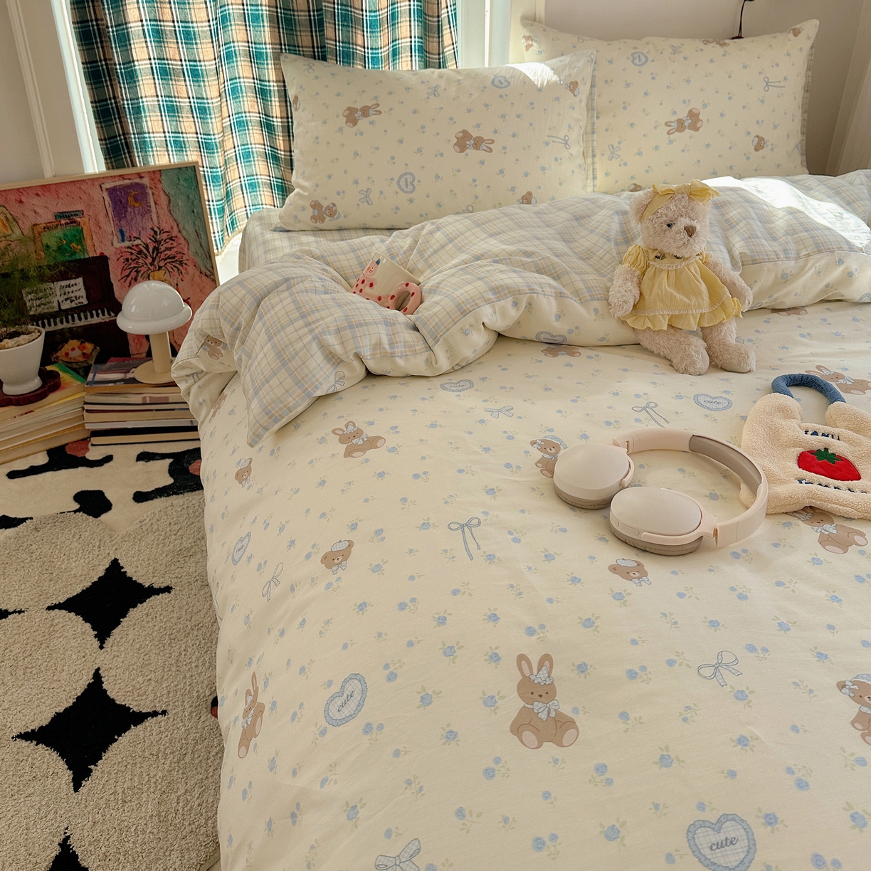 91家纺网 家纺一手货源 找家纺 瑞莱 2026春季新款全棉纯棉印花小清新萌趣系列四件套 蓝花兔