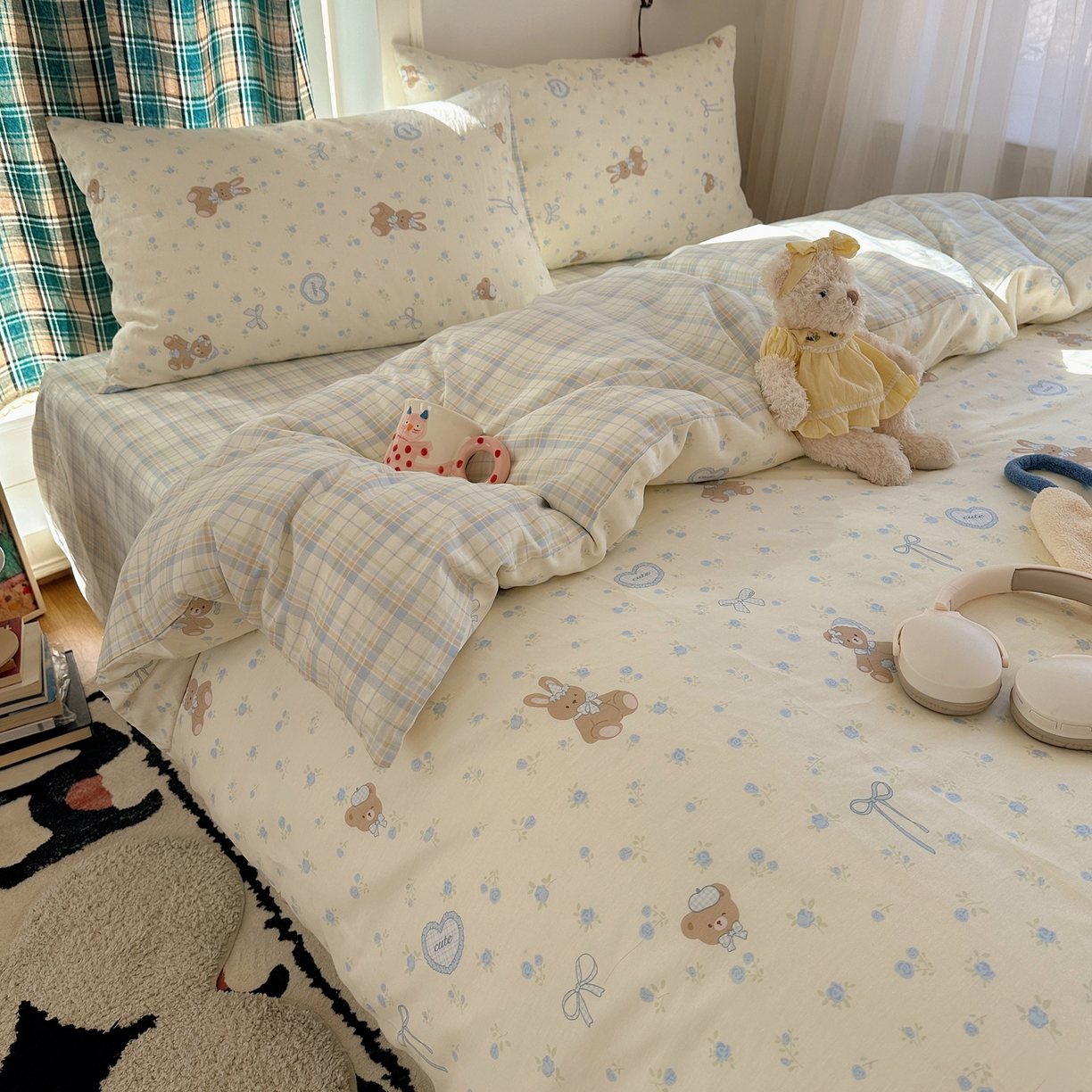 91家纺网 家纺一手货源 找家纺 瑞莱 2026春季新款全棉纯棉印花小清新萌趣系列四件套 蓝花兔