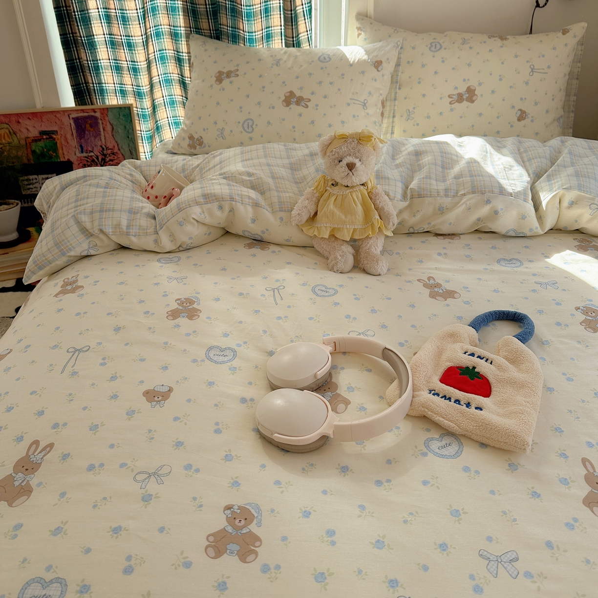 91家纺网 家纺一手货源 找家纺 瑞莱 2026春季新款全棉纯棉印花小清新萌趣系列四件套 蓝花兔