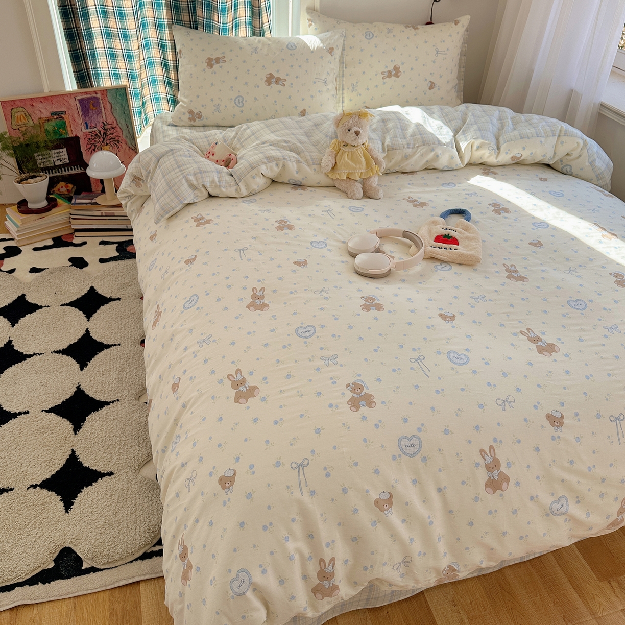 91家纺网 家纺一手货源 找家纺 瑞莱 2026春季新款全棉纯棉印花小清新萌趣系列四件套 蓝花兔