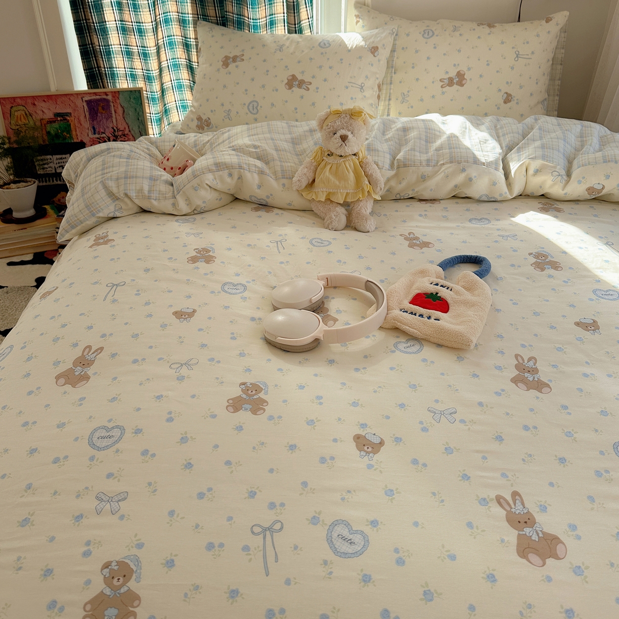 91家纺网 家纺一手货源 找家纺 瑞莱 2026春季新款全棉纯棉印花小清新萌趣系列四件套 蓝花兔