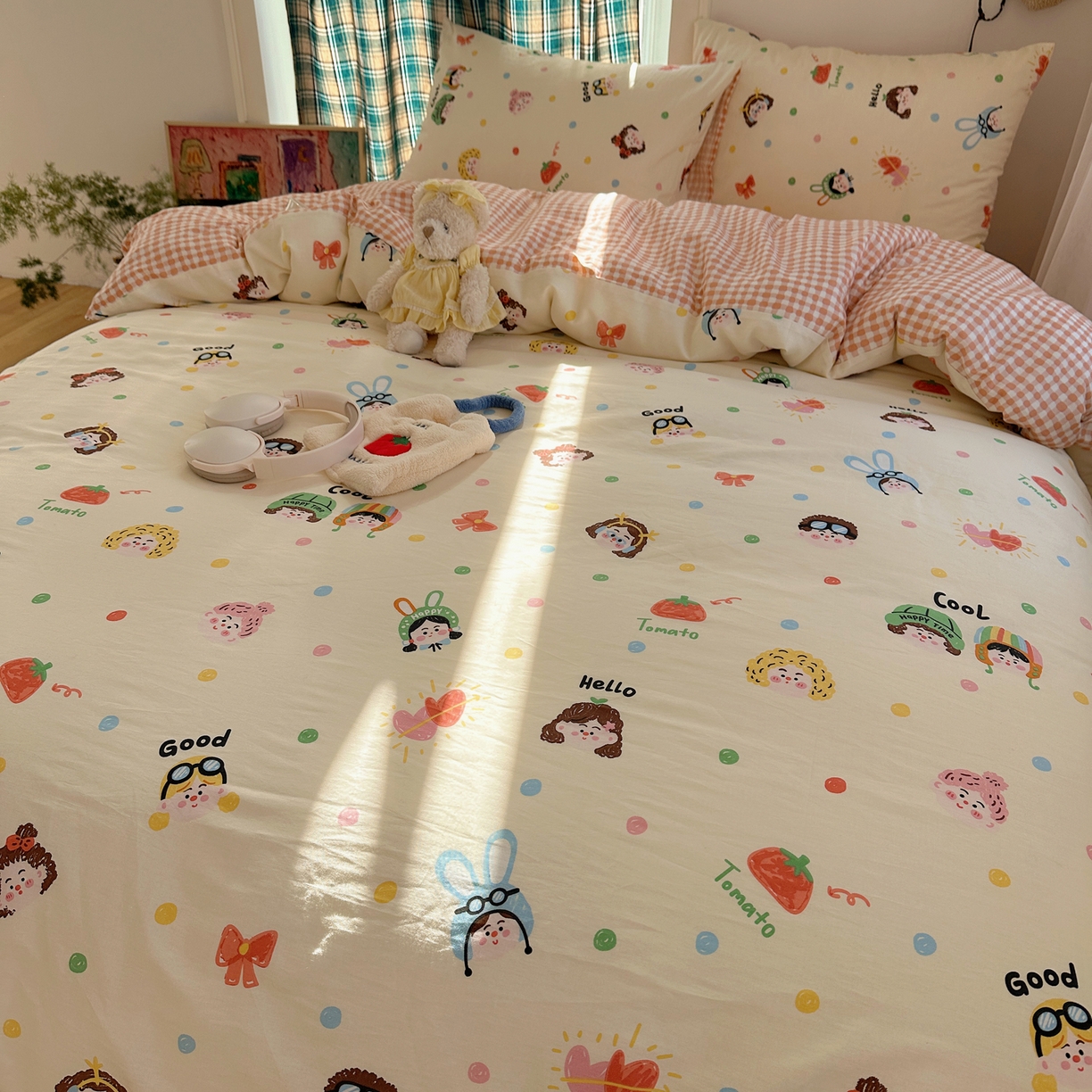 91家纺网 家纺一手货源 找家纺 瑞莱 2026春季新款全棉纯棉印花小清新萌趣系列四件套 趣味涂鸦