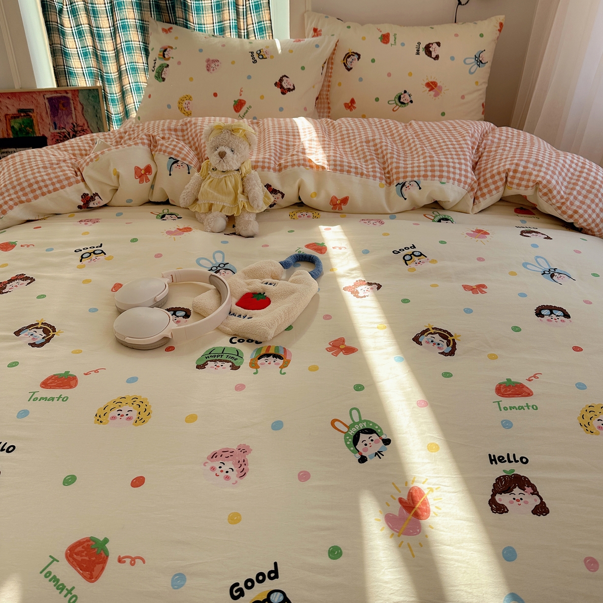 91家纺网 家纺一手货源 找家纺 瑞莱 2026春季新款全棉纯棉印花小清新萌趣系列四件套 趣味涂鸦