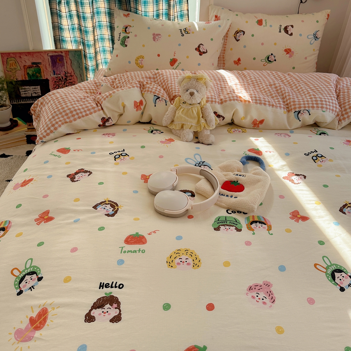 91家纺网 家纺一手货源 找家纺 瑞莱 2026春季新款全棉纯棉印花小清新萌趣系列四件套 趣味涂鸦