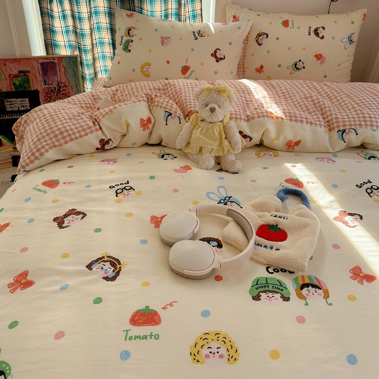 91家纺网 家纺一手货源 找家纺 瑞莱 2026春季新款全棉纯棉印花小清新萌趣系列四件套 趣味涂鸦