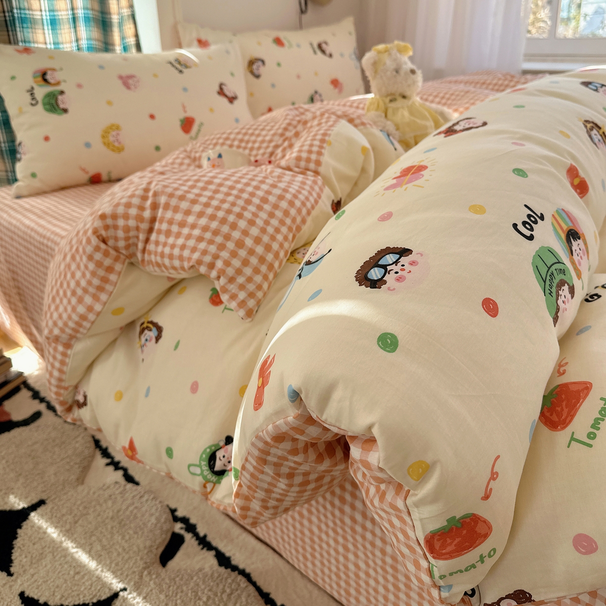 91家纺网 家纺一手货源 找家纺 瑞莱 2026春季新款全棉纯棉印花小清新萌趣系列四件套 趣味涂鸦