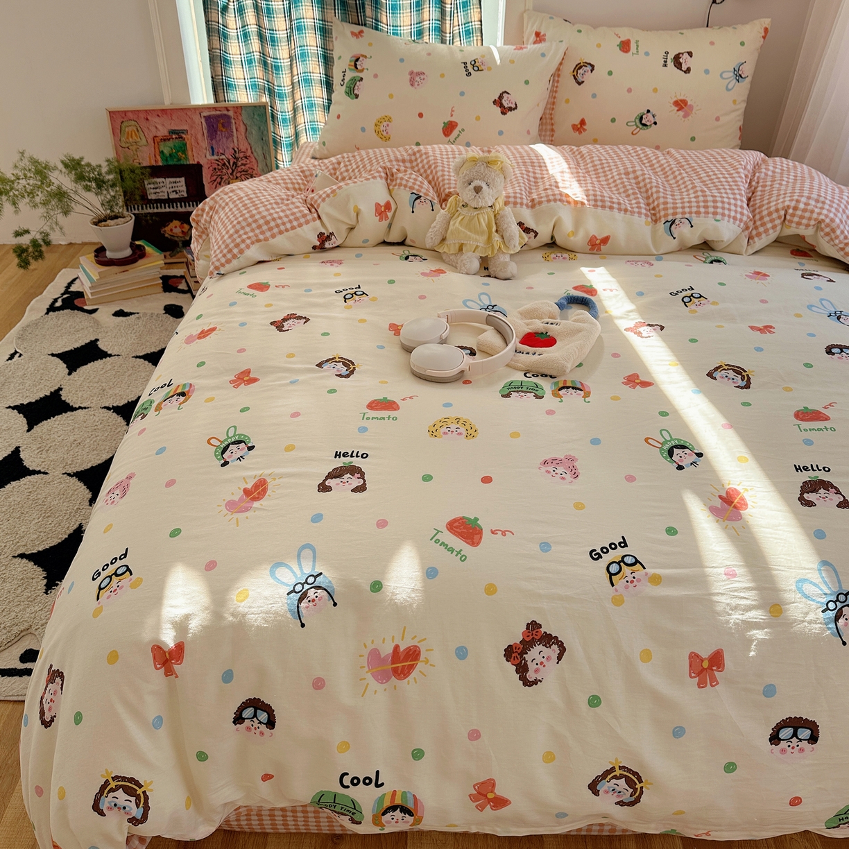 91家纺网 家纺一手货源 找家纺 瑞莱 2026春季新款全棉纯棉印花小清新萌趣系列四件套 趣味涂鸦