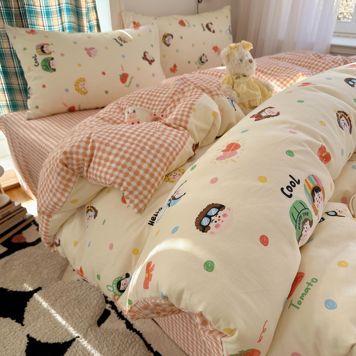 91家纺网 家纺一手货源 找家纺 瑞莱 2026春季新款全棉纯棉印花小清新萌趣系列四件套 趣味涂鸦