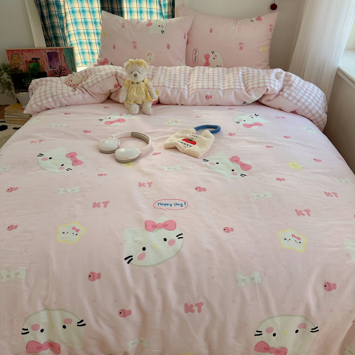 91家纺网 家纺一手货源 找家纺 瑞莱 2026春季新款全棉纯棉印花小清新萌趣系列四件套 甜心KT