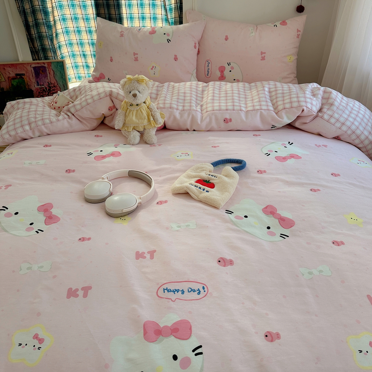 91家纺网 家纺一手货源 找家纺 瑞莱 2026春季新款全棉纯棉印花小清新萌趣系列四件套 甜心KT