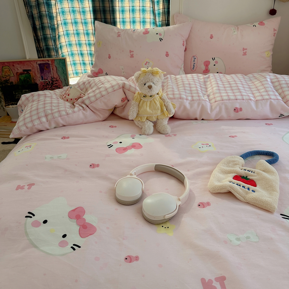 91家纺网 家纺一手货源 找家纺 瑞莱 2026春季新款全棉纯棉印花小清新萌趣系列四件套 甜心KT