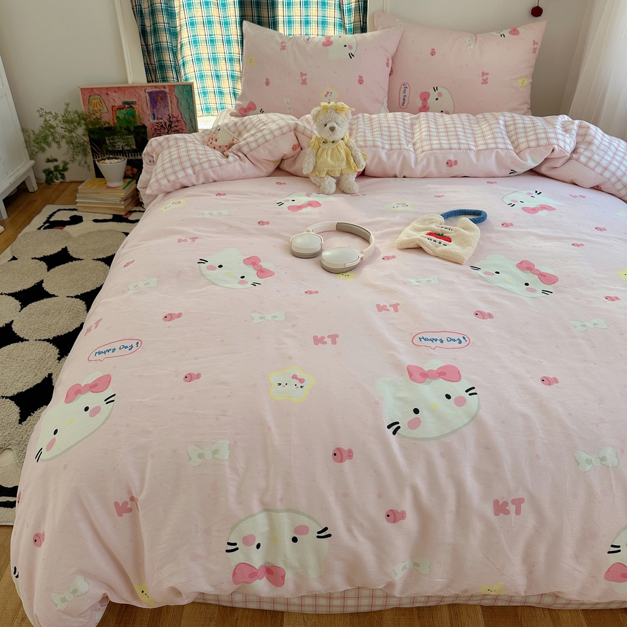 91家纺网 家纺一手货源 找家纺 瑞莱 2026春季新款全棉纯棉印花小清新萌趣系列四件套 甜心KT