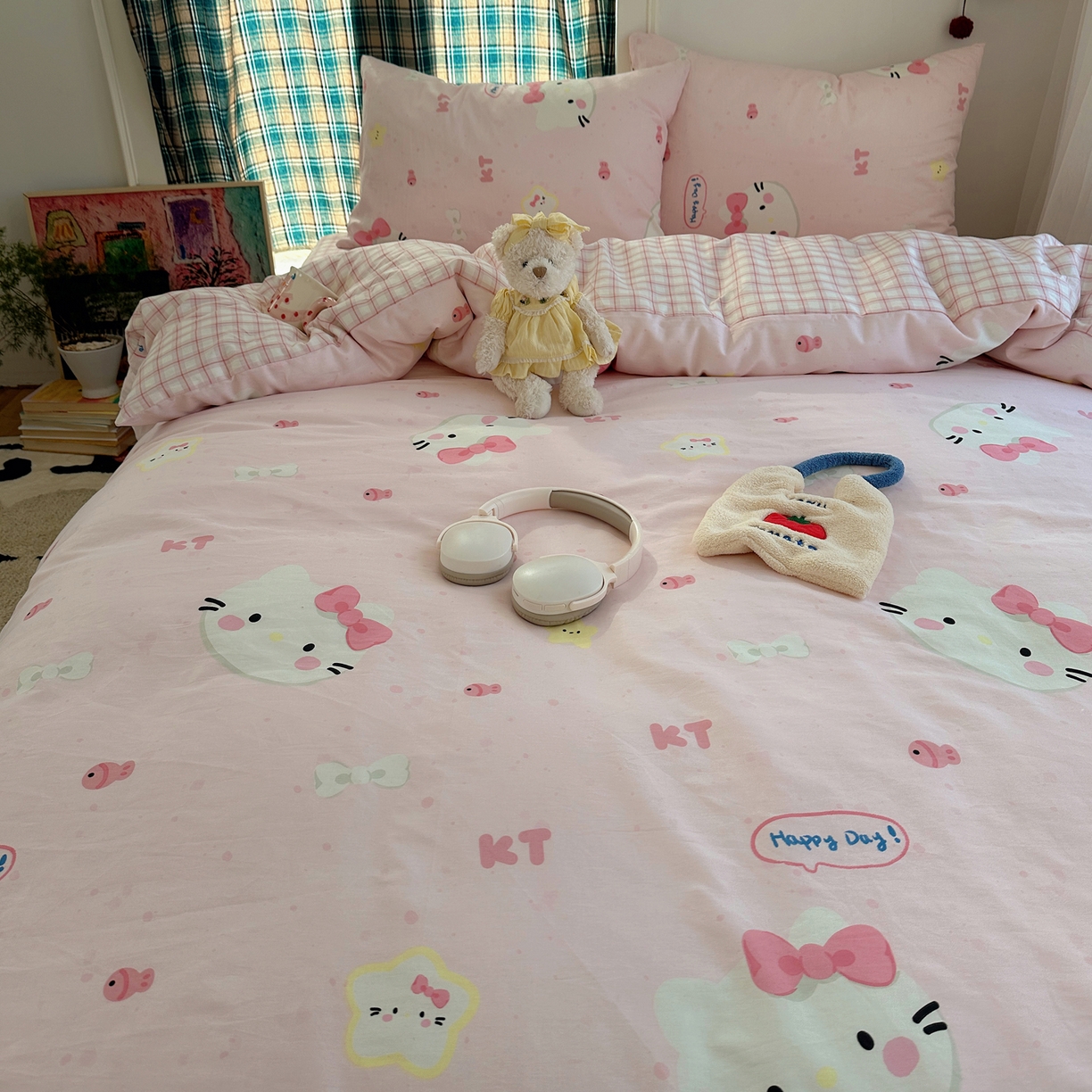 91家纺网 家纺一手货源 找家纺 瑞莱 2026春季新款全棉纯棉印花小清新萌趣系列四件套 甜心KT