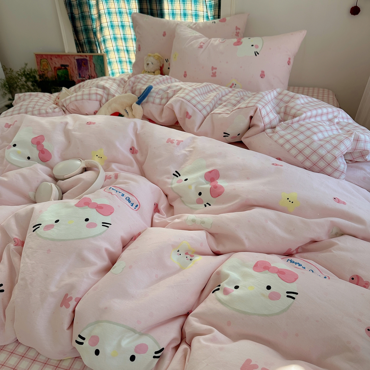 91家纺网 家纺一手货源 找家纺 瑞莱 2026春季新款全棉纯棉印花小清新萌趣系列四件套 甜心KT