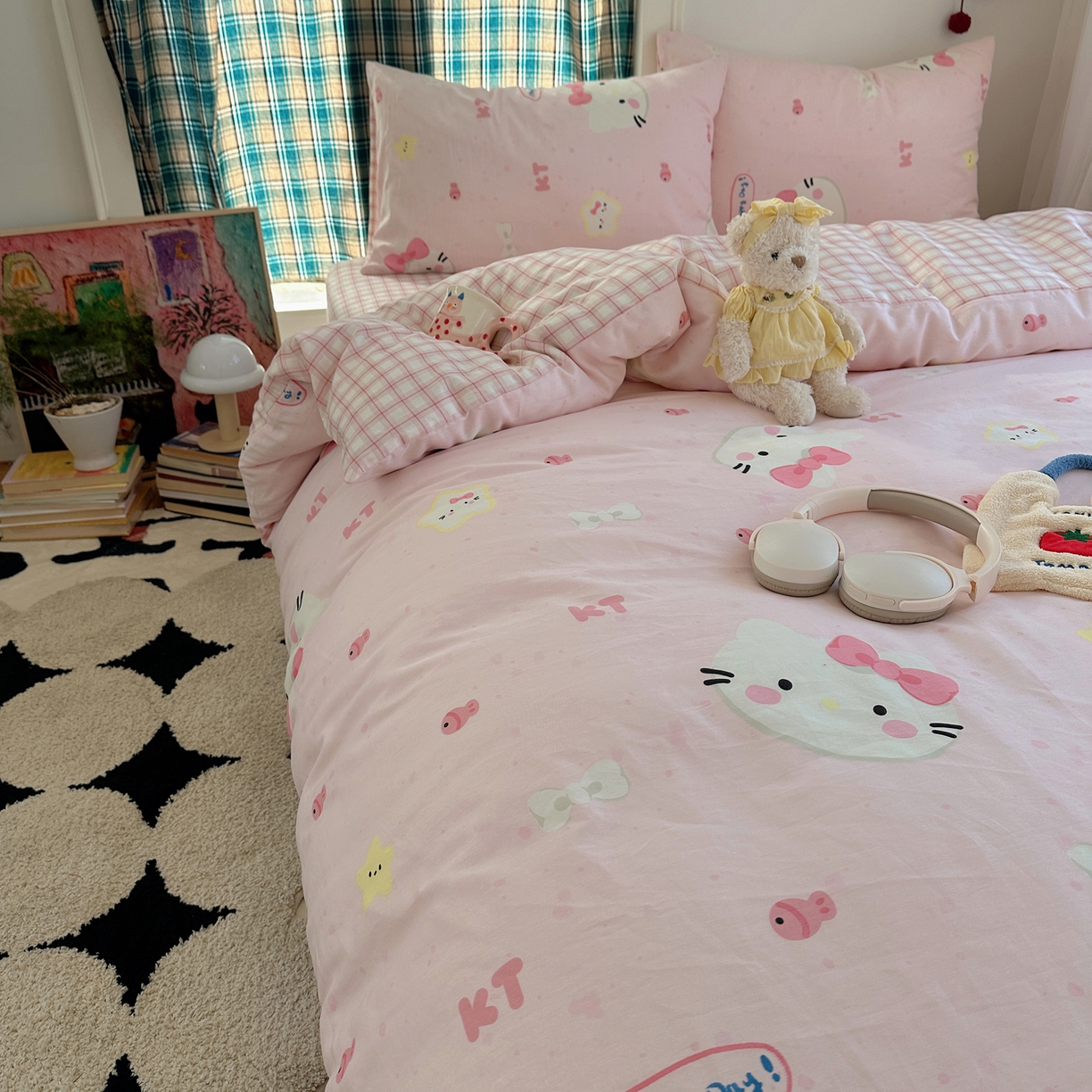 91家纺网 家纺一手货源 找家纺 瑞莱 2026春季新款全棉纯棉印花小清新萌趣系列四件套 甜心KT