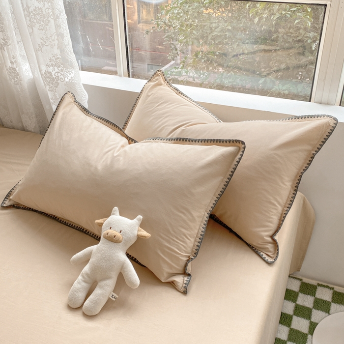 91家纺网 家纺一手货源 找家纺 泽西家纺+V17798841158发大图 2026新款无印风三角纯棉水洗棉全棉纯棉贝壳绣枕套单品枕套枕套单件 贝壳-卡其