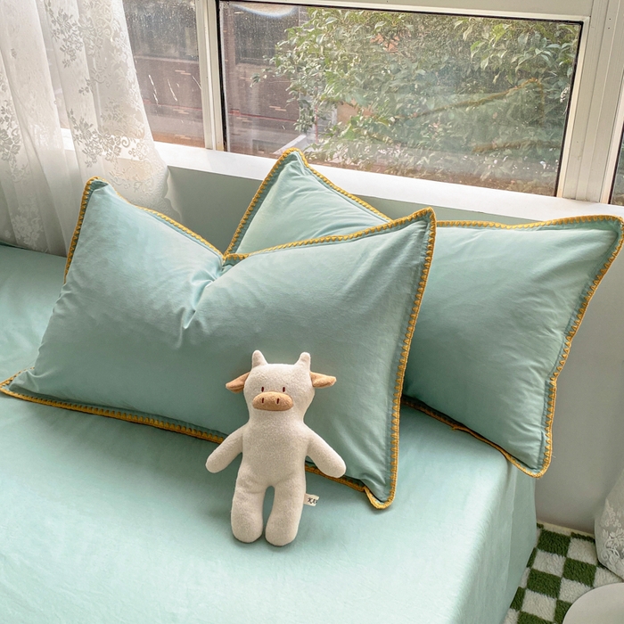 91家纺网 家纺一手货源 找家纺 泽西家纺+V17798841158发大图 2026新款无印风三角纯棉水洗棉全棉纯棉贝壳绣枕套单品枕套枕套单件 贝壳-水绿