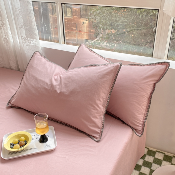 泽西家纺+V17798841158发大图 2026新款无印风三角纯棉水洗棉全棉纯棉贝壳绣枕套单品枕套枕套单件 贝壳-豆沙