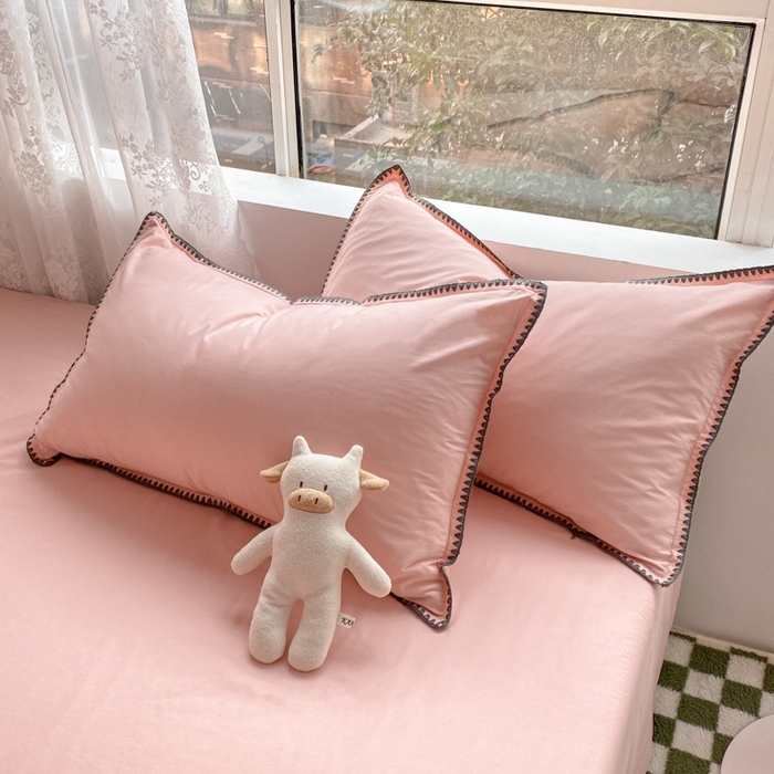 泽西家纺+V17798841158发大图 2026新款无印风三角纯棉水洗棉全棉纯棉贝壳绣枕套单品枕套枕套单件 贝壳-粉玉