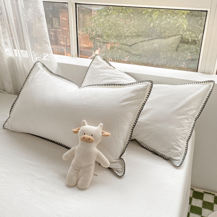 泽西家纺+V17798841158发大图 2026新款无印风三角纯棉水洗棉全棉纯棉贝壳绣枕套单品枕套枕套单件 贝壳-露白