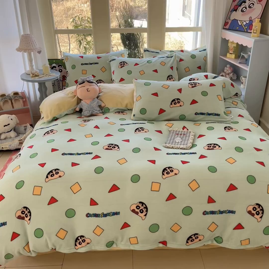 91家纺网 家纺一手货源 找家纺 （总）桃子家居 2026新款A类蜡笔小新正版授权卡通加厚高克重牛奶绒系列四件套