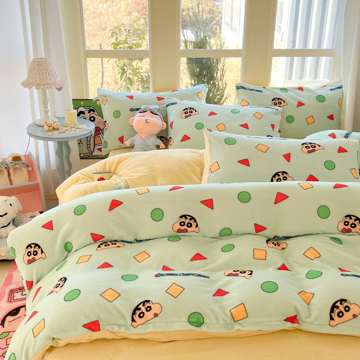 91家纺网 家纺一手货源 找家纺 桃子家居 2026新款A类蜡笔小新正版授权卡通加厚高克重牛奶绒系列四件套 绒-欢乐小新