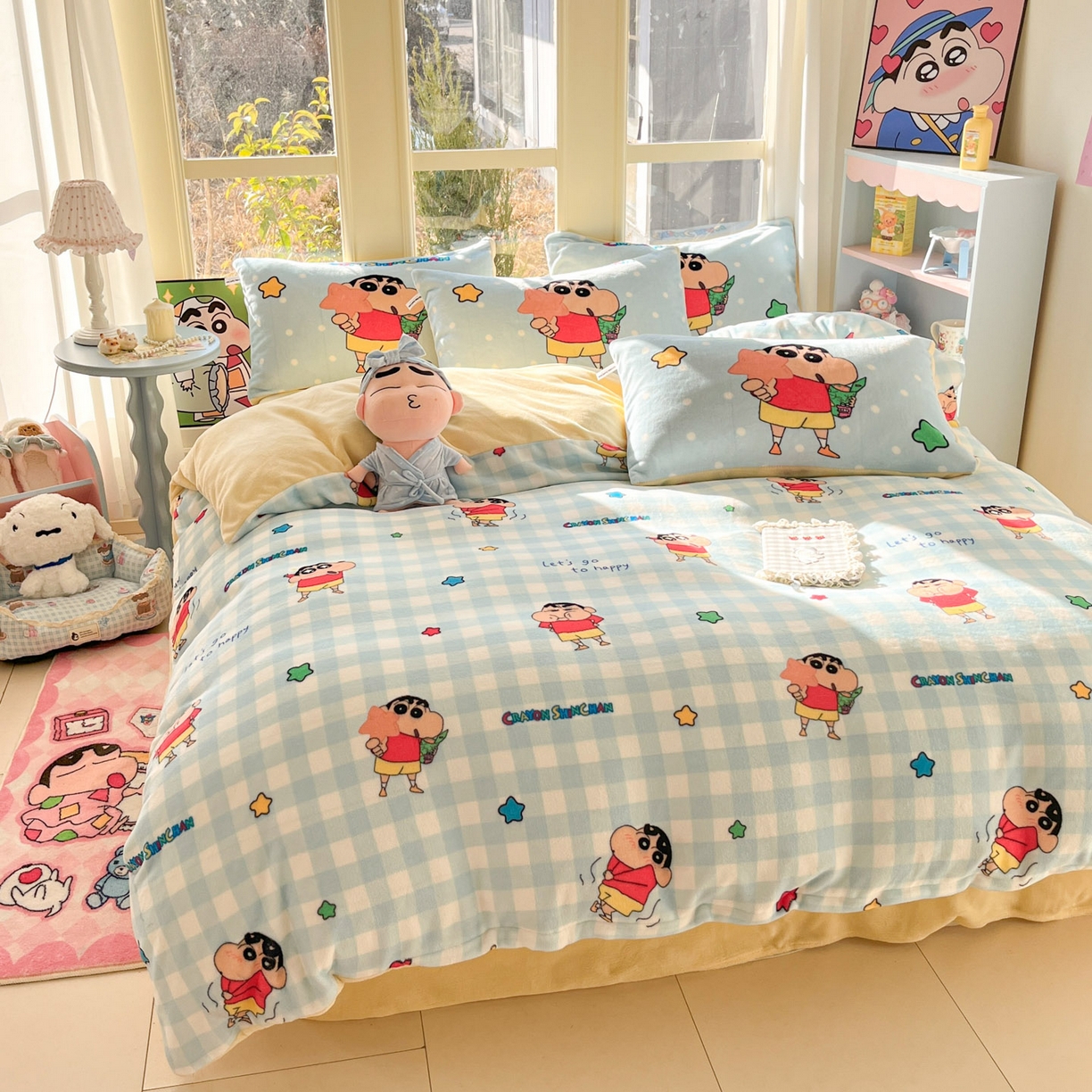 91家纺网 家纺一手货源 找家纺 桃子家居 2026新款A类蜡笔小新正版授权卡通加厚高克重牛奶绒系列四件套 绒-蓝格星星小新