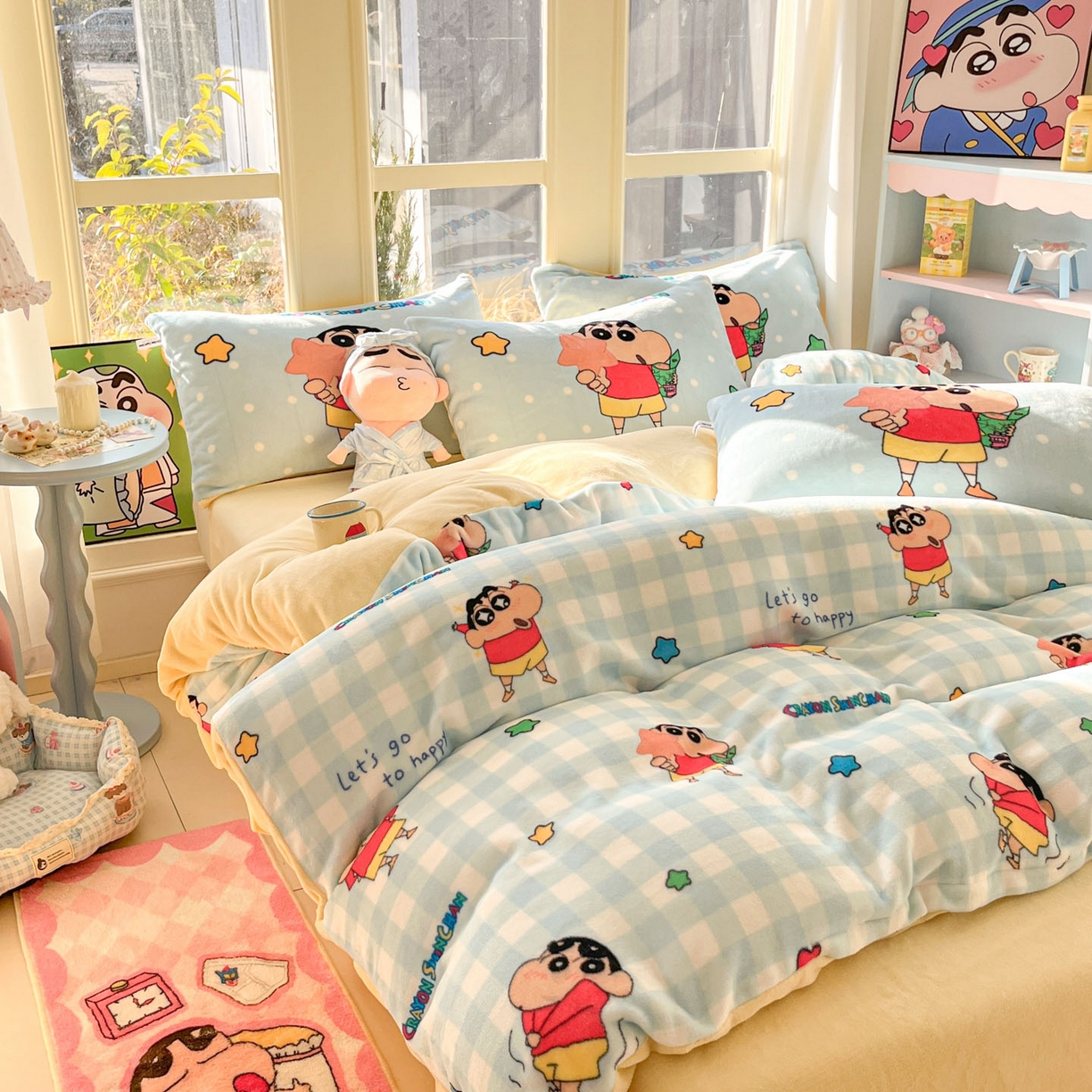 91家纺网 家纺一手货源 找家纺 桃子家居 2026新款A类蜡笔小新正版授权卡通加厚高克重牛奶绒系列四件套 绒-蓝格星星小新