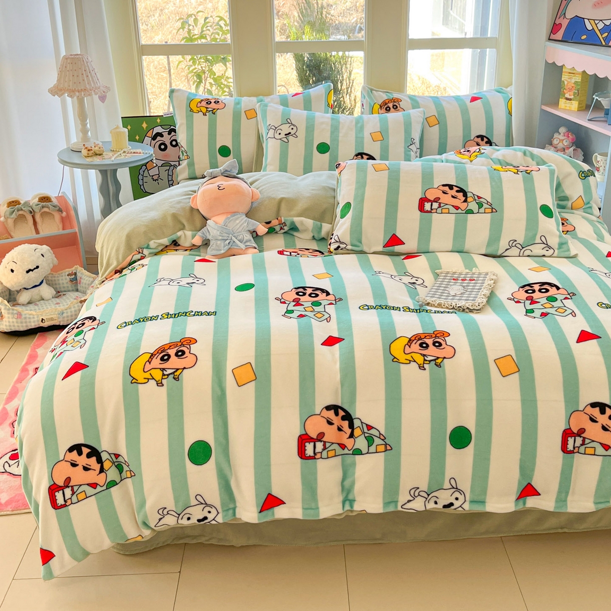 91家纺网 家纺一手货源 找家纺 桃子家居 2026新款A类蜡笔小新正版授权卡通加厚高克重牛奶绒系列四件套 绒-贪睡小新
