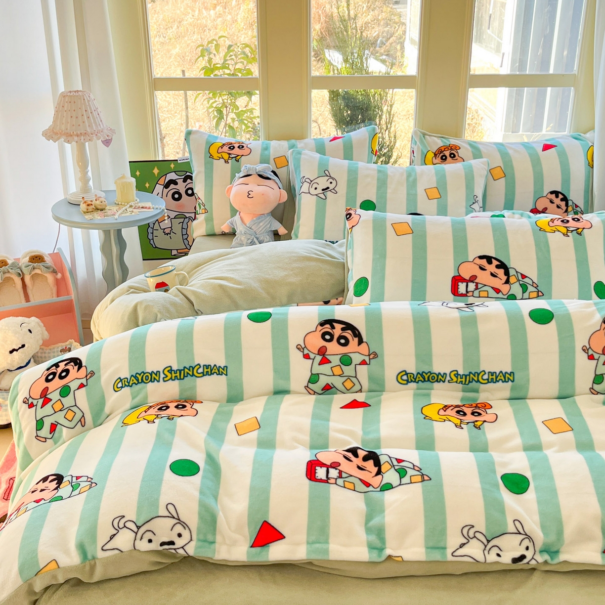 91家纺网 家纺一手货源 找家纺 桃子家居 2026新款A类蜡笔小新正版授权卡通加厚高克重牛奶绒系列四件套 绒-贪睡小新